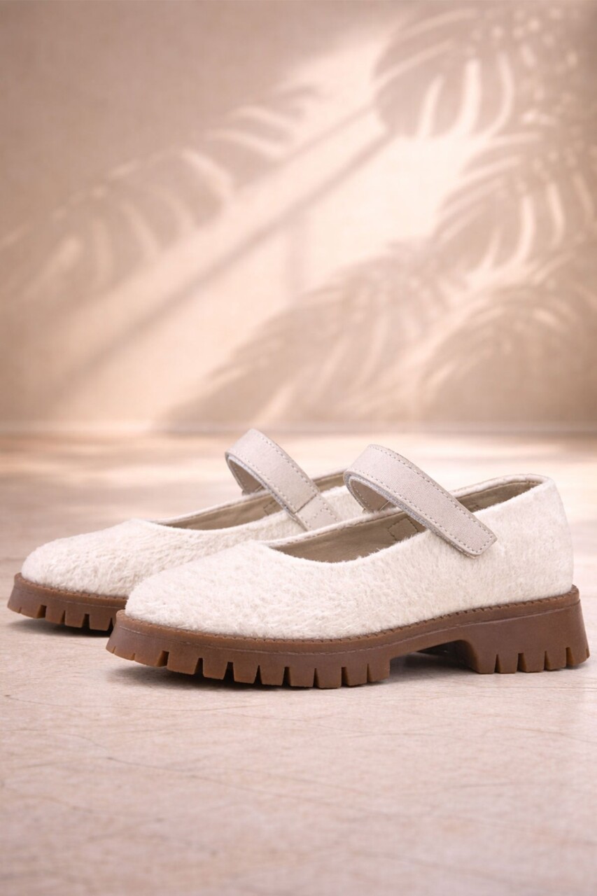 Rakerplus Krem Cırtlı Kalın Tabanlı Kız Çocuk Peluş Babet Ayakkabısı - 1