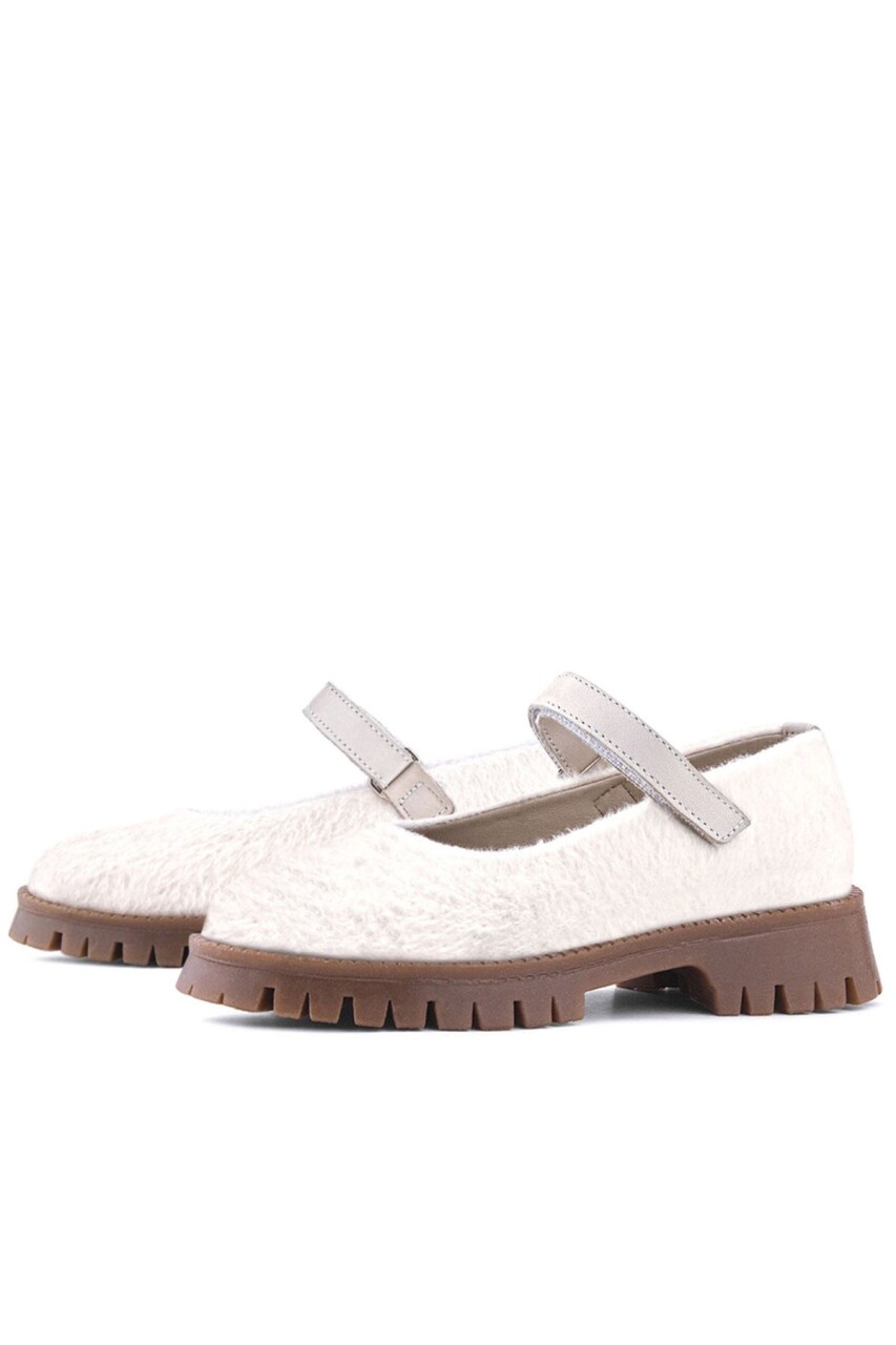 Rakerplus Krem Cırtlı Kalın Tabanlı Kız Çocuk Peluş Babet Ayakkabısı - 6