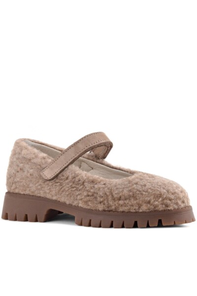 Rakerplus Bej Cırtlı Kalın Tabanlı Kız Çocuk Pofuduk Peluş Babet Ayakkabısı - 2