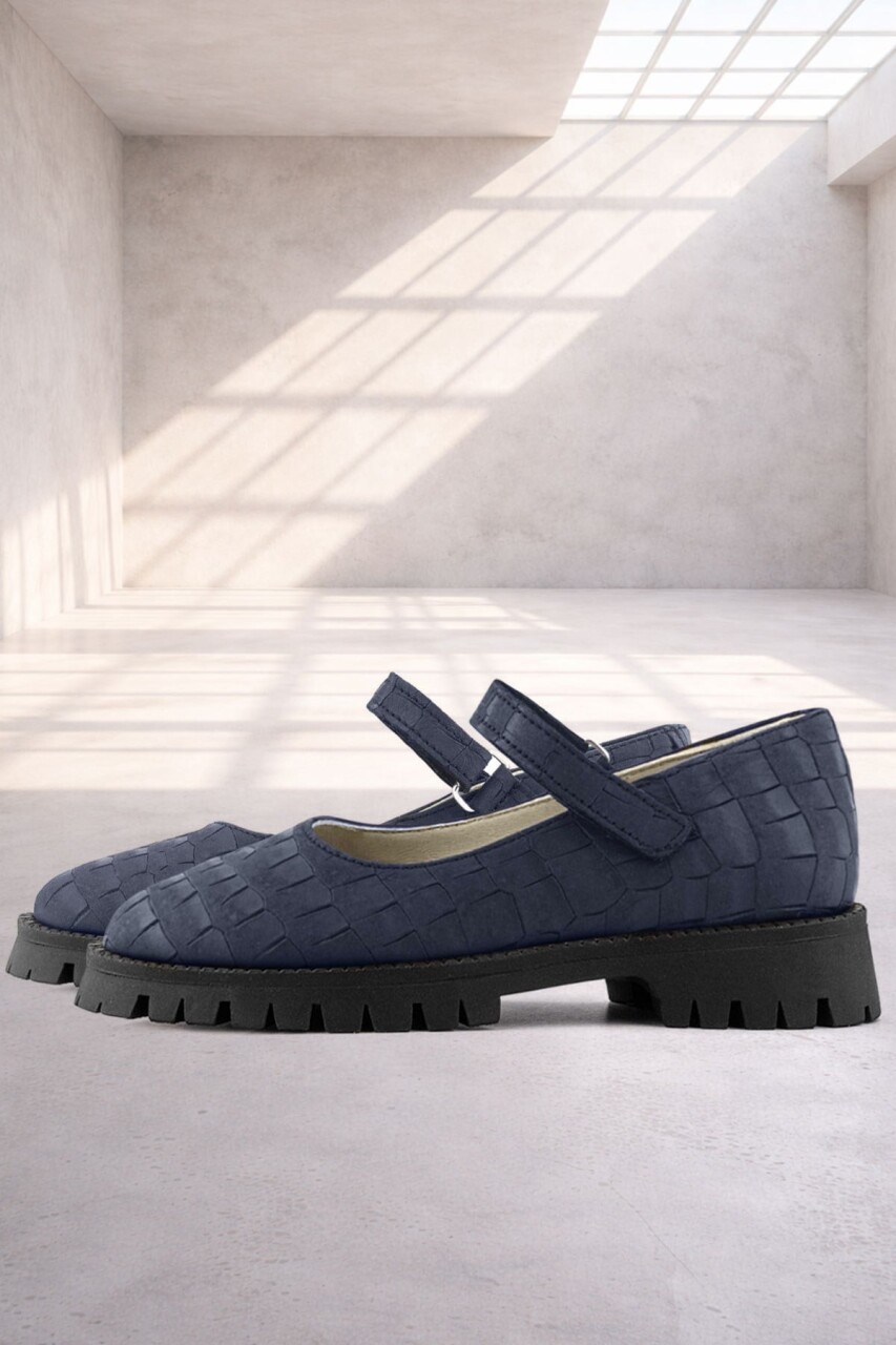 Rakerplus Hakiki Deri Lacivert Desenli Cırtlı Kalın Tabanlı Kız Çocuk Ayakkabısı - 1