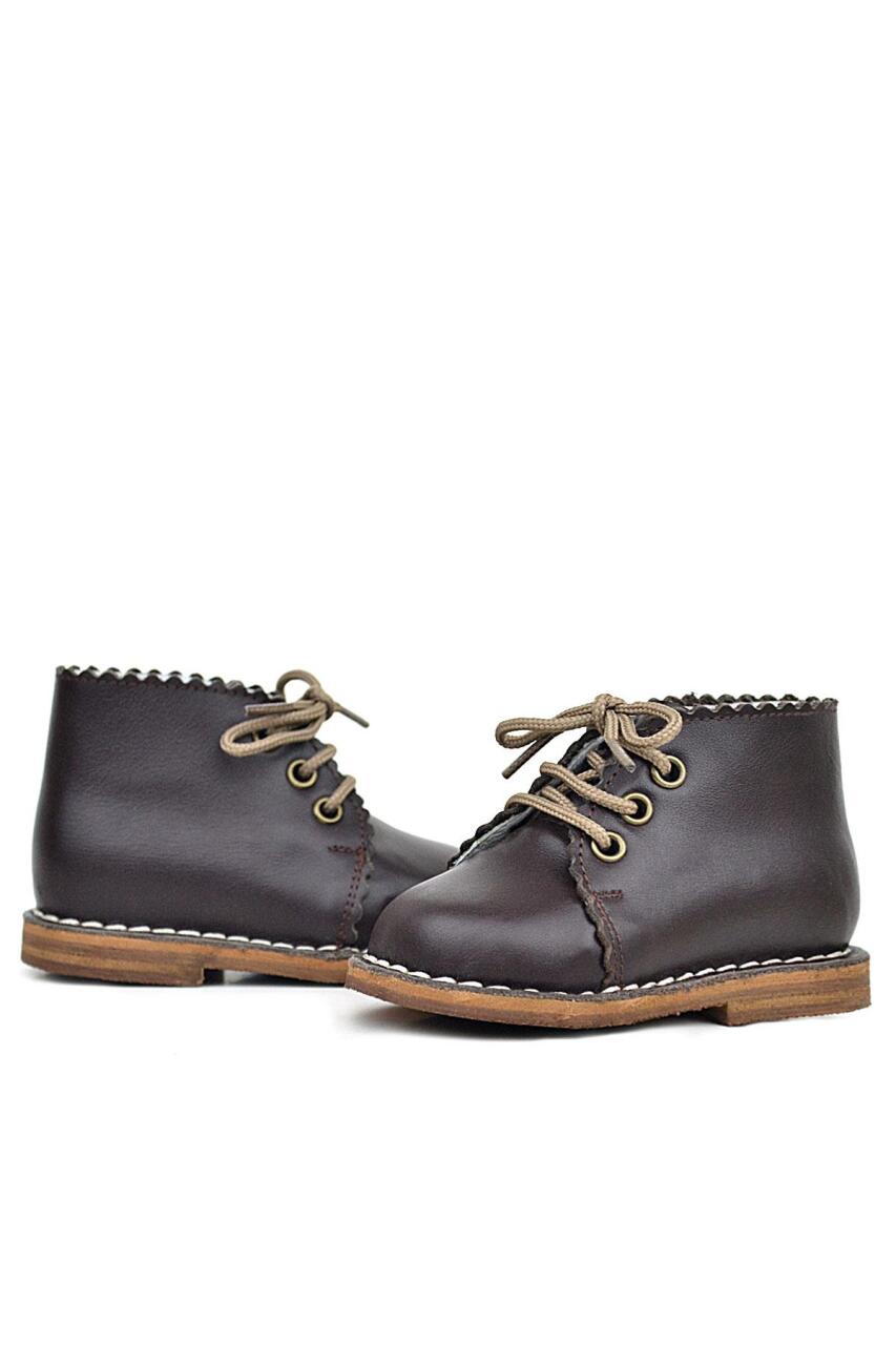 حذاء راكر بلاس بني اللون مصنوع يدويًا من الجلد الطبيعي برباط للفتيات الصغيرات - 4