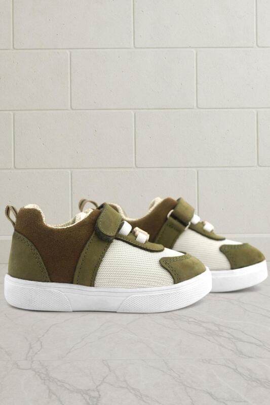 Rakerplus Genuine Leather Khaki Green Cream Colored Velcro Baby Shoes - Rakerplus