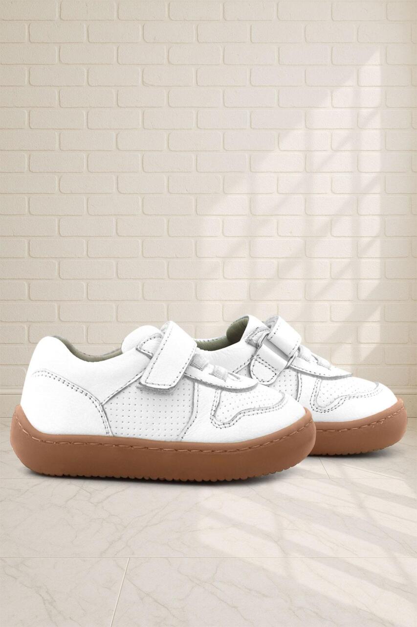 Rakerplus Bob Hakiki Deri Beyaz Barefoot Cırtlı Lastikli Bebek Sneaker Ayakkabı - 1