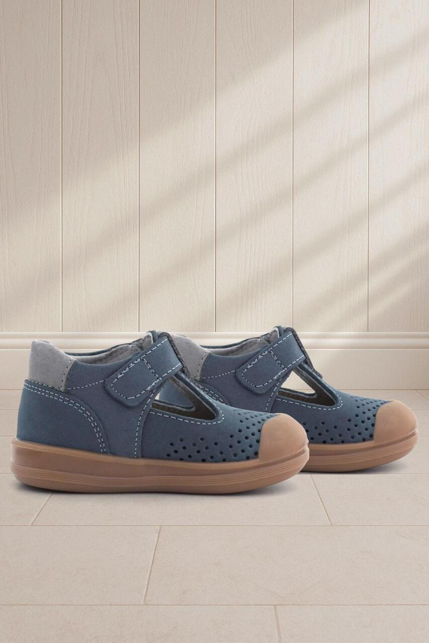 صندل أطفال تشريحي من الجلد الطبيعي من راكر بلس شون، أزرق داكن، رمادي، مع شريط فيلكرو - 1