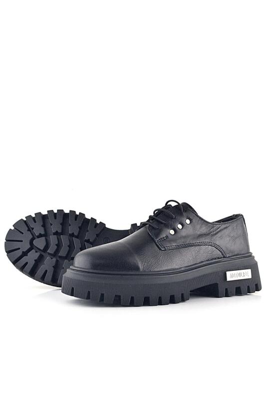 Rakerplus Siyah Kırışık Hakiki Deri Bağcıklı Metal Detaylı GünlükOxford Ayakkabı - 4