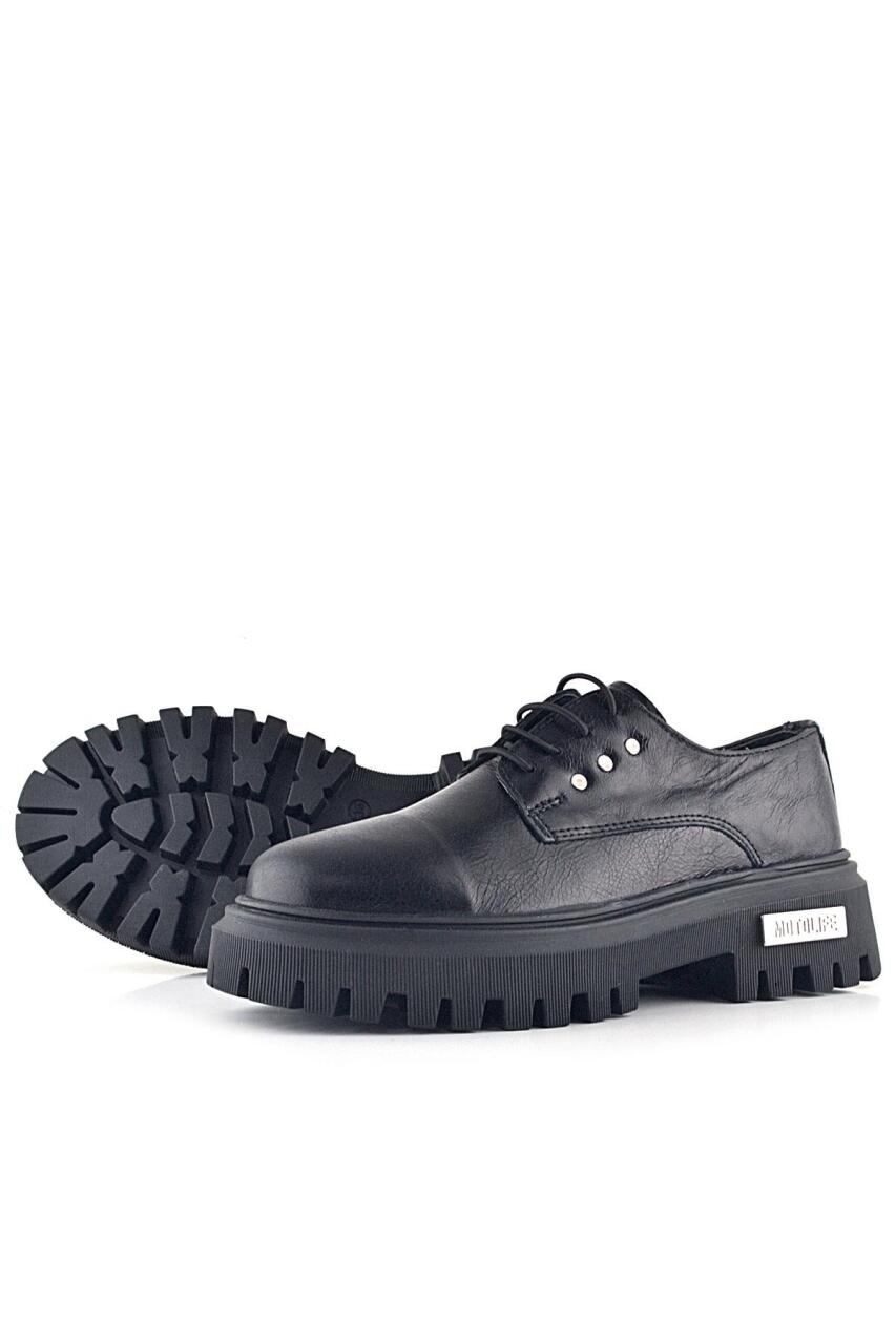 Rakerplus Siyah Kırışık Hakiki Deri Bağcıklı Metal Detaylı GünlükOxford Ayakkabı - 4