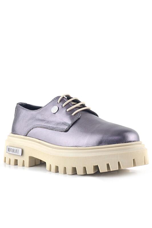 Rakerplus Platin Hakiki Deri Metal Detaylı Bağcıklı Günlük Oxford Ayakkabı - Rakerplus