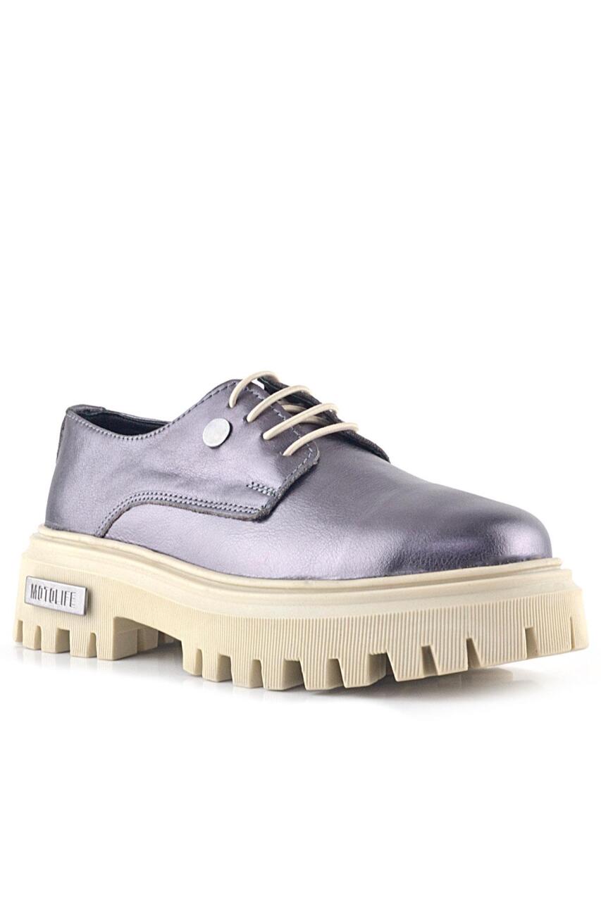 Rakerplus Platin Hakiki Deri Metal Detaylı Bağcıklı Günlük Oxford Ayakkabı - 1