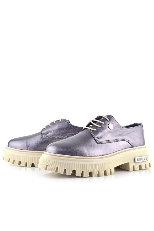 Rakerplus Platin Hakiki Deri Metal Detaylı Bağcıklı Günlük Oxford Ayakkabı - 4