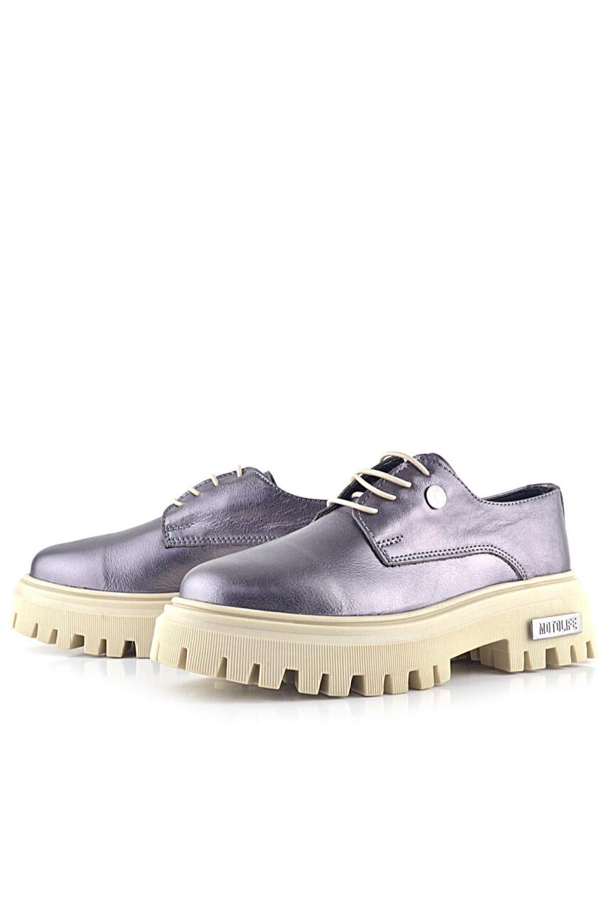 Rakerplus Platin Hakiki Deri Metal Detaylı Bağcıklı Günlük Oxford Ayakkabı - 4