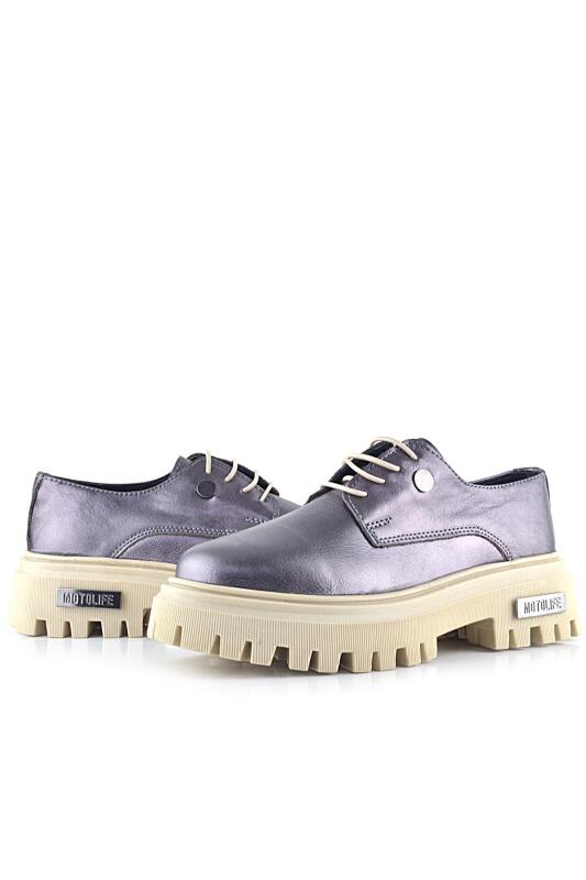 Rakerplus Platin Hakiki Deri Metal Detaylı Bağcıklı Günlük Oxford Ayakkabı - 5