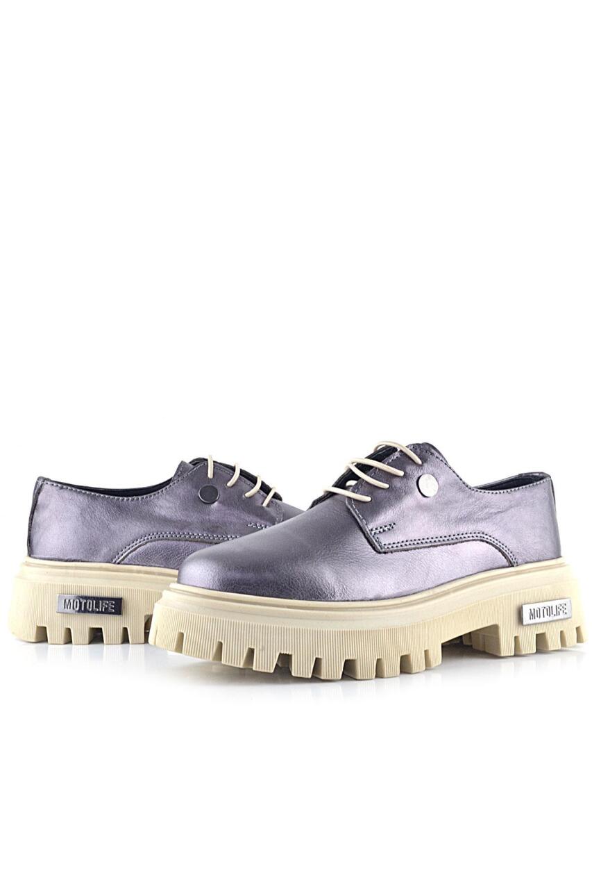 Rakerplus Platin Hakiki Deri Metal Detaylı Bağcıklı Günlük Oxford Ayakkabı - 5