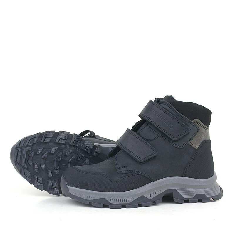 حذاء تريكينج من الجلد الطبيعي للأولاد من راكر بلس، أسود اللون، مزود بشريط فيلكرو - 5