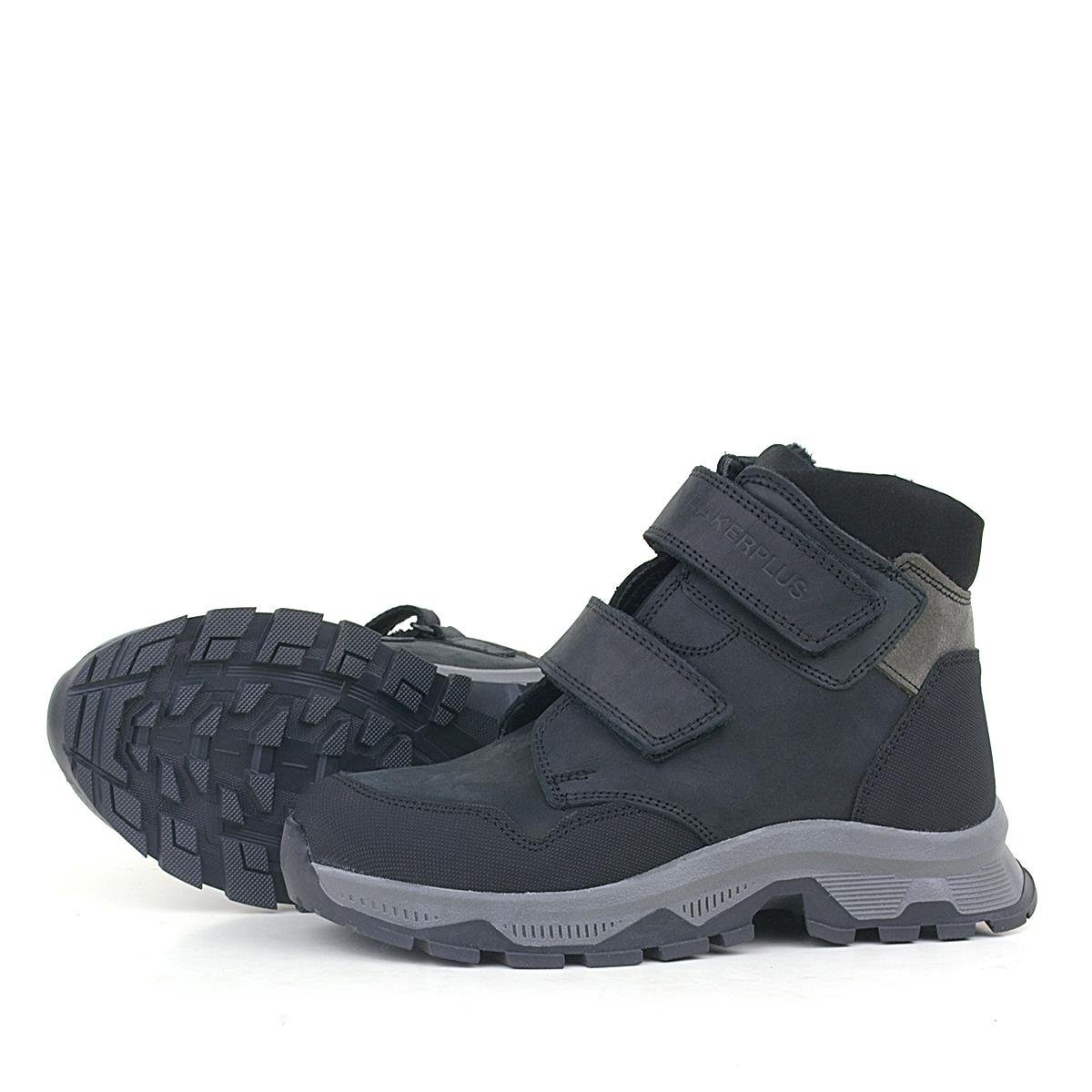 حذاء تريكينج من الجلد الطبيعي للأولاد من راكر بلس، أسود اللون، مزود بشريط فيلكرو - 5