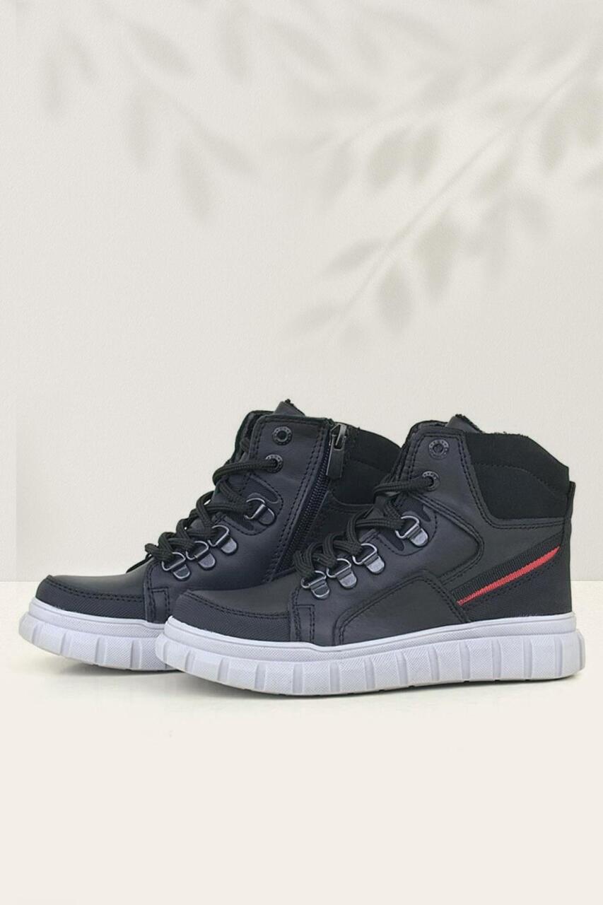 حذاء راكر بلس للأولاد مصنوع من الجلد الطبيعي بسحاب أسود - 1