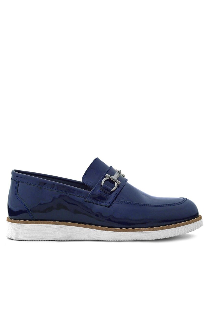 Rakerplus Hakiki Deri Lacivert Rugan Beyaz Tabanlı Loafer Çocuk Klasik Ayakkabı - 3