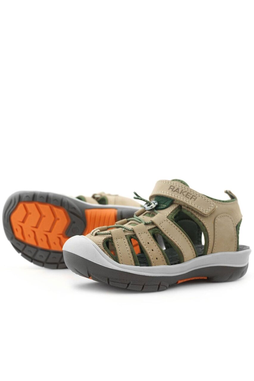 صندل أطفال من جلد طبيعي من راكر بلس بلون رملي كاكي وأخضر - 7
