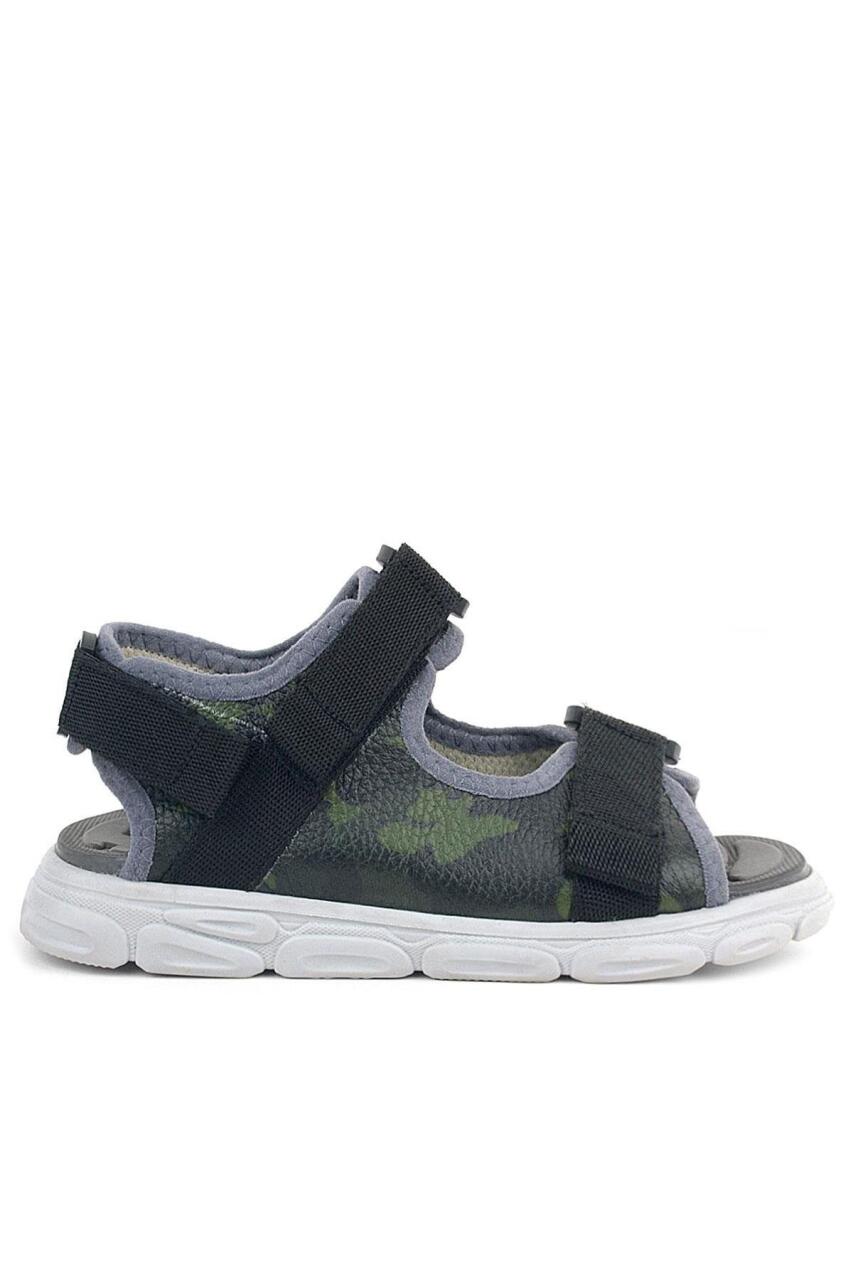 Rakerplus Hakiki Deri Yeşil Kamuflaj Desenli Siyah Çocuk Sandalet - 2
