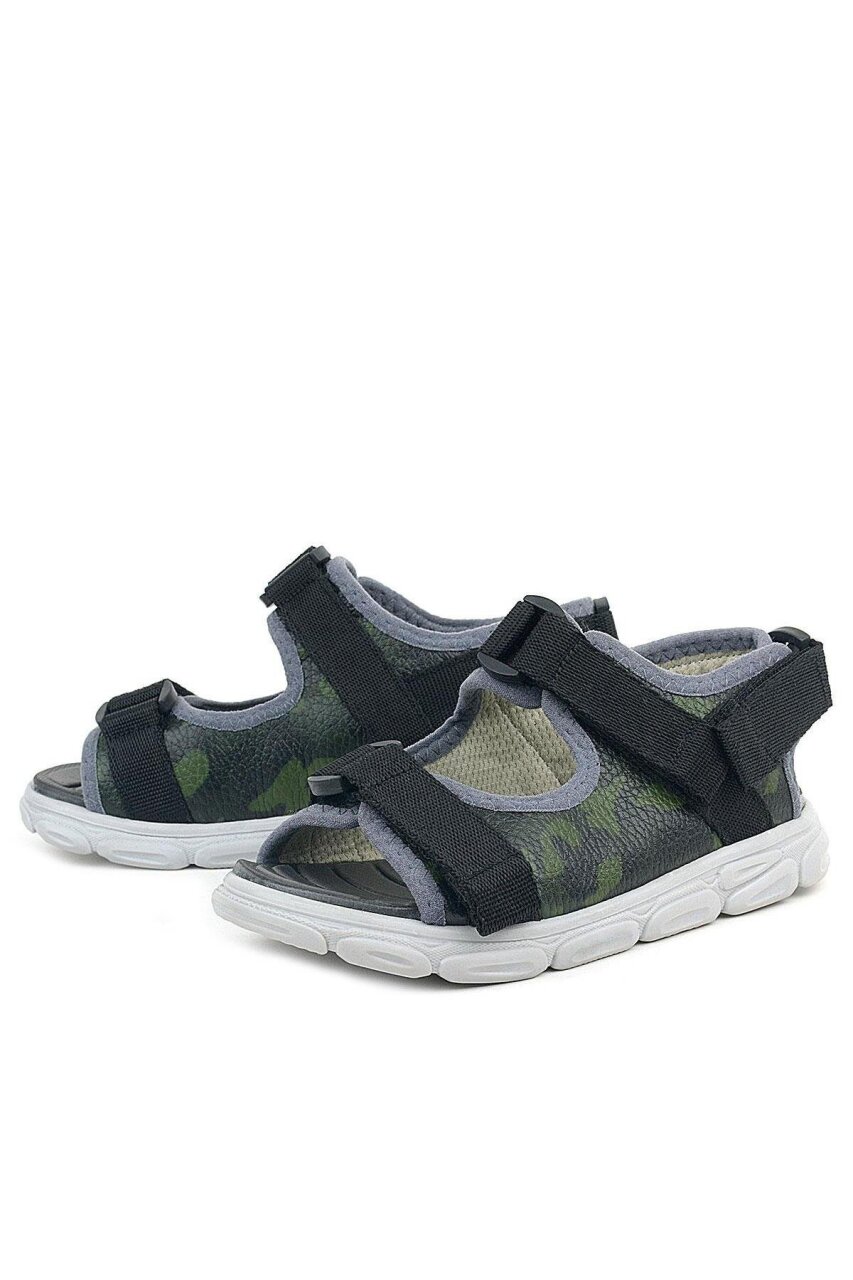 Rakerplus Hakiki Deri Yeşil Kamuflaj Desenli Siyah Çocuk Sandalet - 4