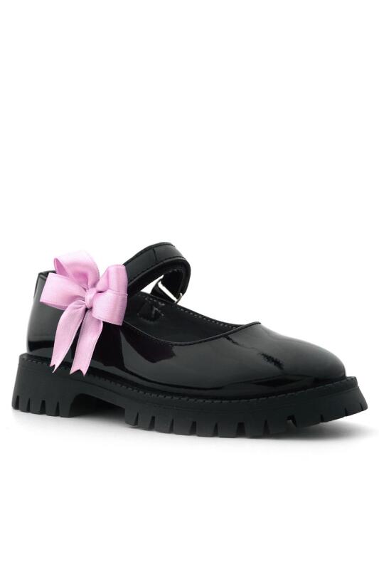 Rakerplus Black Patent Leather Velcro Thick Sole Ribboned Girls' School Shoes - Rakerplus