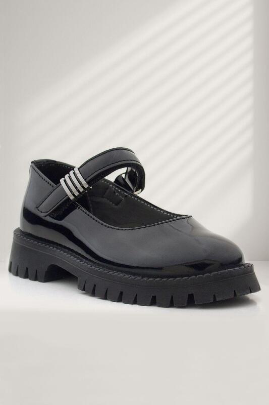 Rakerplus Black Patent Leather Girls' School Shoes with Velcro Closure, Thick Sole, and Metal Details - Rakerplus