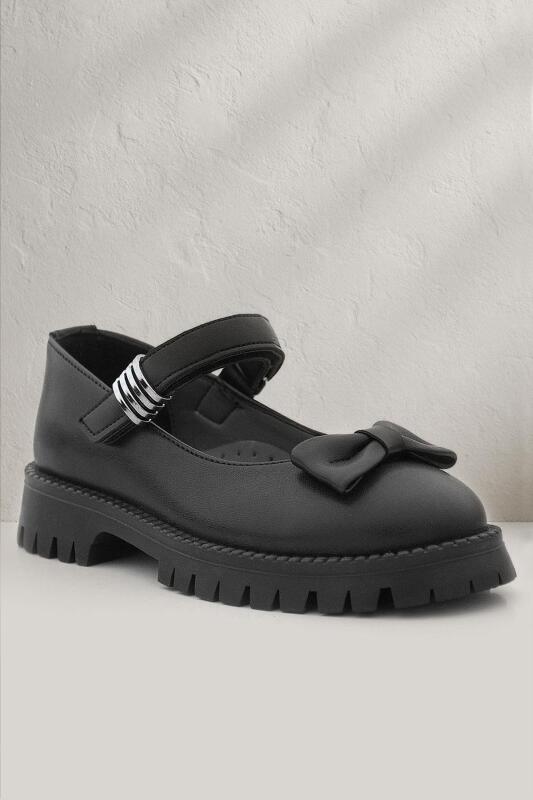 Rakerplus Black Matte Thick-Soled Girls' Ballet Flats with Metal Details and Velcro Closure - Rakerplus