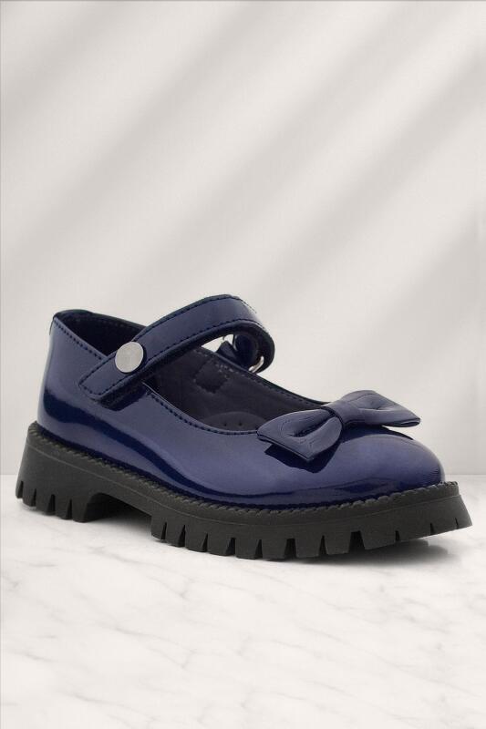 Rakerplus Navy Blue Patent Leather Girls' School Shoes with Velcro Closure, Thick Sole, and Metal Details - Rakerplus