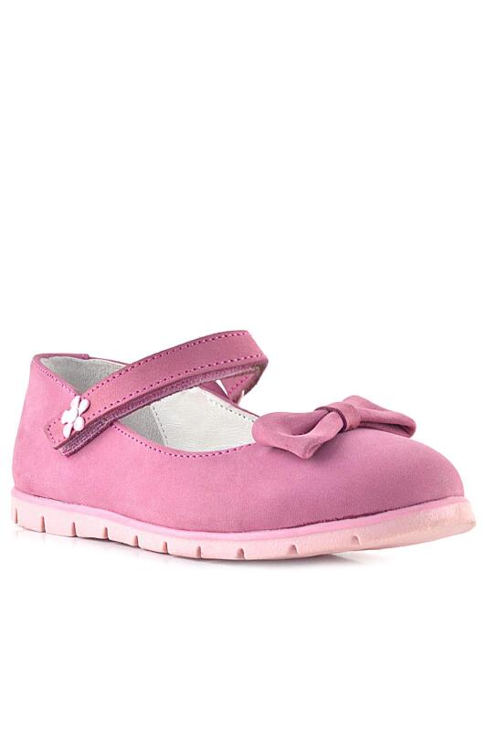 Rakerplus Hakiki Deri Pembe Fiyonklu Çiçek Detaylı Cırtlı Kız Çocuk Babet - Rakerplus