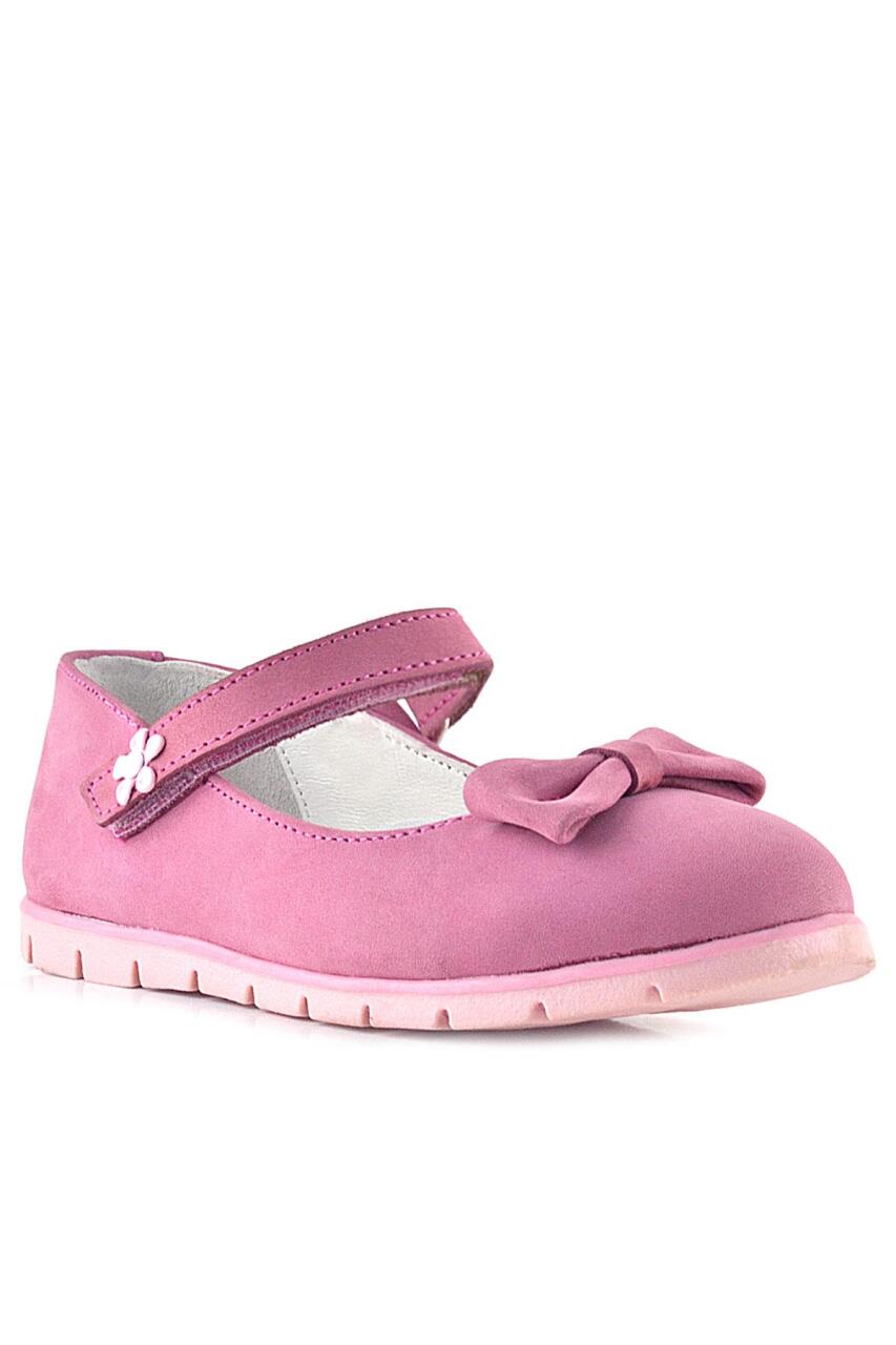 Rakerplus Hakiki Deri Pembe Fiyonklu Çiçek Detaylı Cırtlı Kız Çocuk Babet - 1