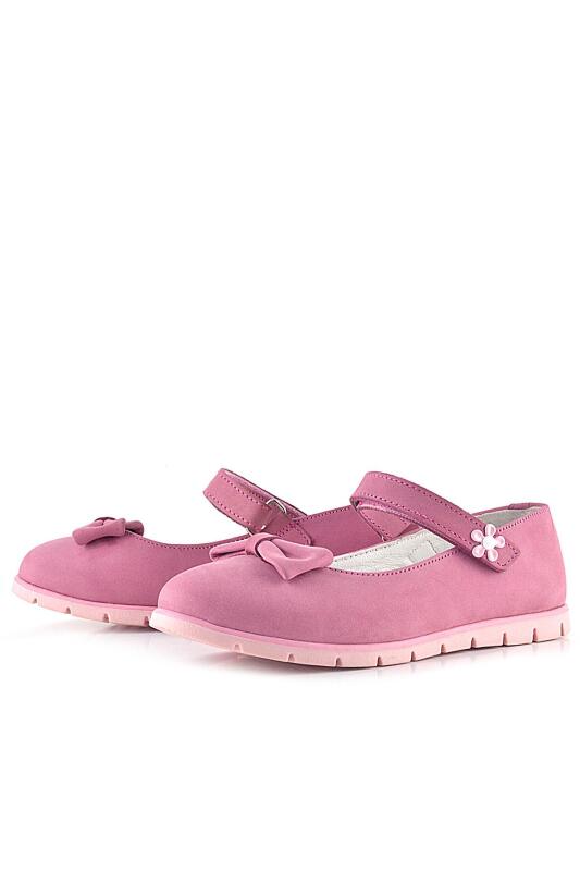 Rakerplus Hakiki Deri Pembe Fiyonklu Çiçek Detaylı Cırtlı Kız Çocuk Babet - 5