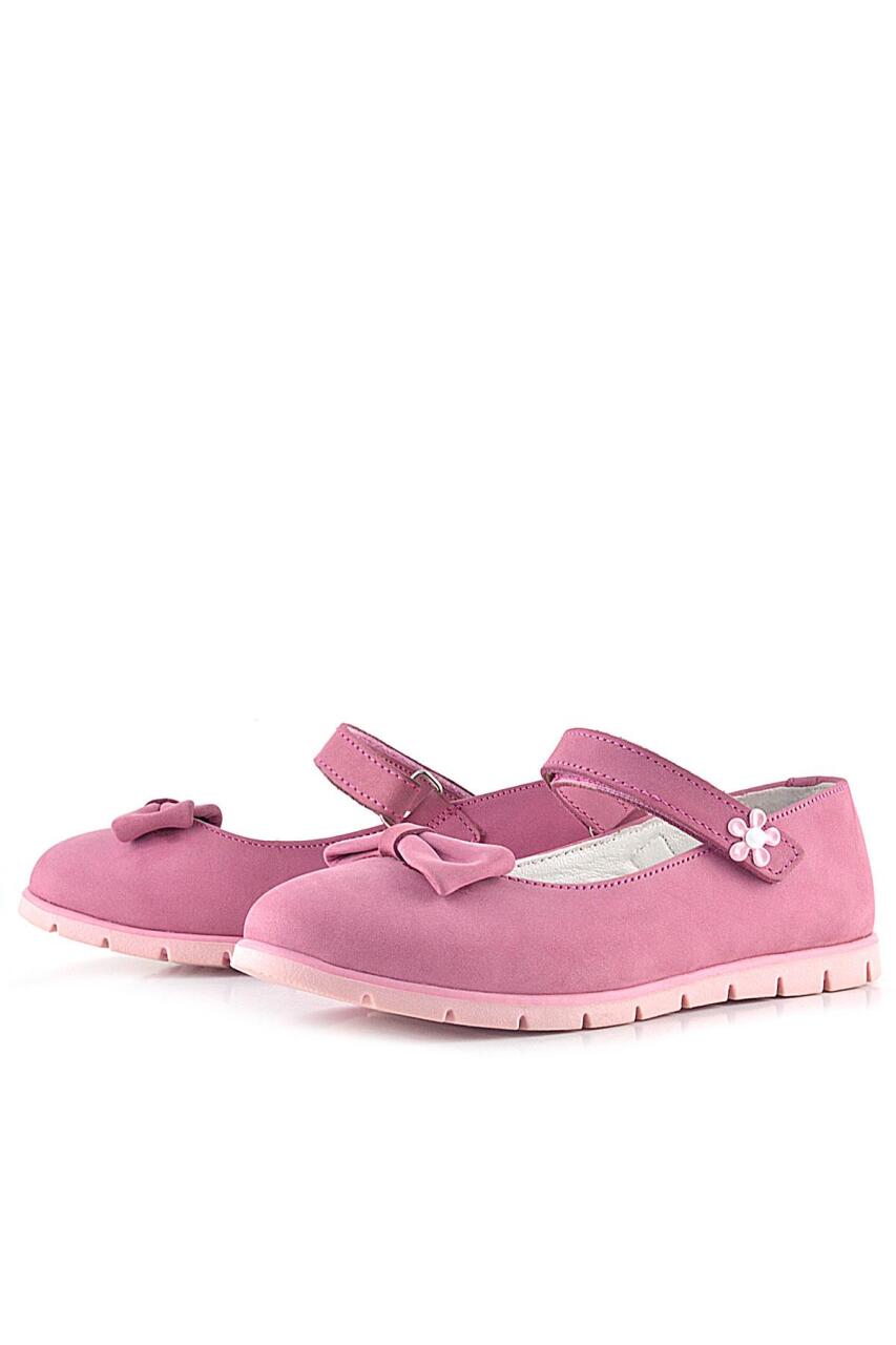 Rakerplus Hakiki Deri Pembe Fiyonklu Çiçek Detaylı Cırtlı Kız Çocuk Babet - 5