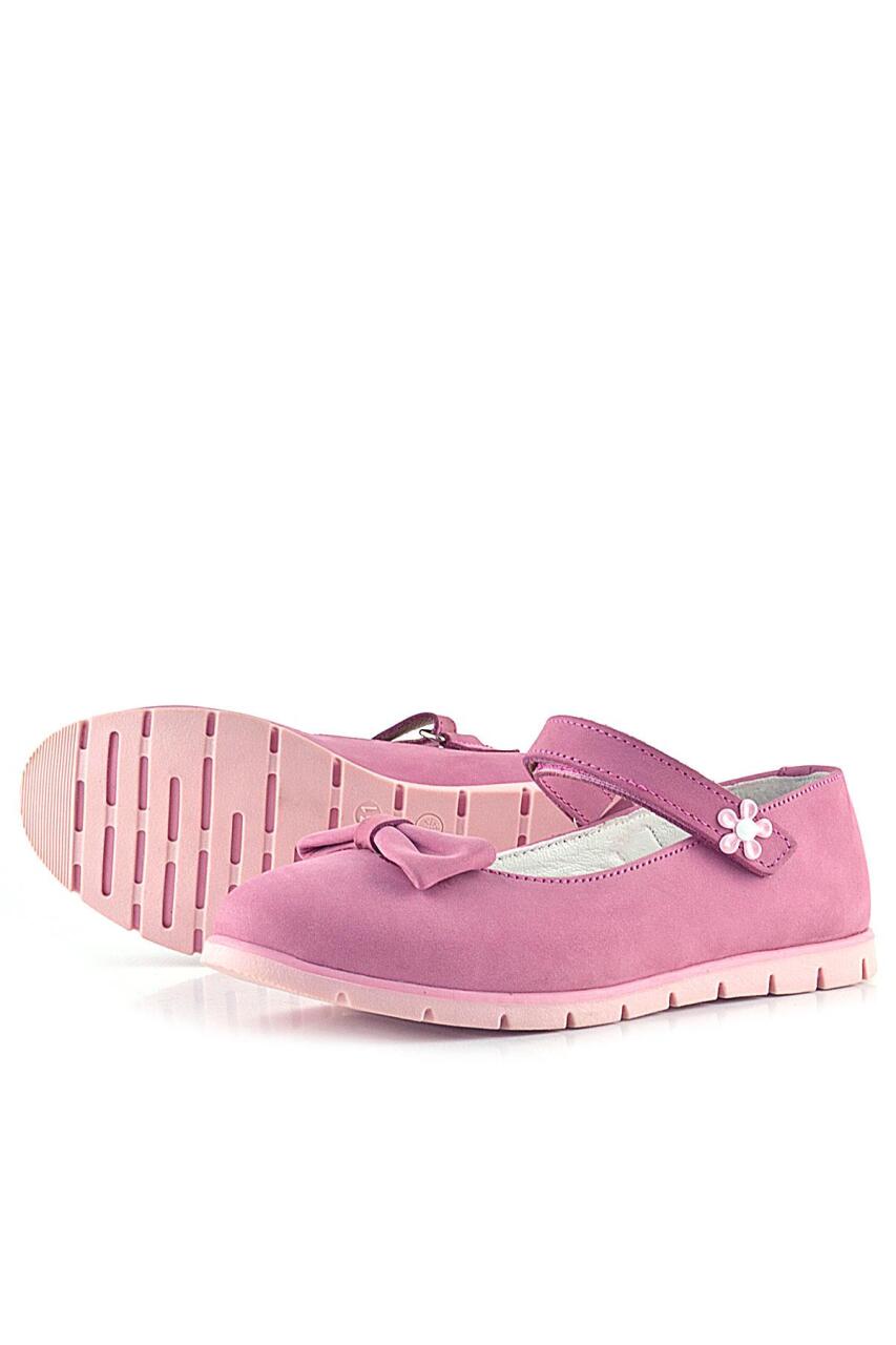 Rakerplus Hakiki Deri Pembe Fiyonklu Çiçek Detaylı Cırtlı Kız Çocuk Babet - 6