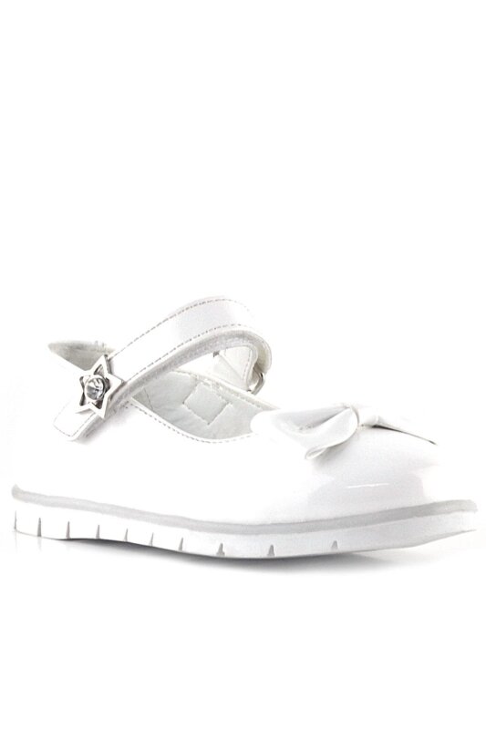 حذاء باليرينا للبنات من راكر بلاس، مصنوع من الجلد اللامع باللون الأبيض، ومزين بفيونكة ونجمة، وشريط فيلكرو - 1