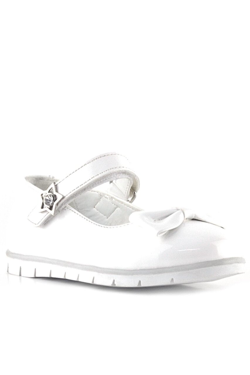 حذاء باليرينا للبنات من راكر بلاس، مصنوع من الجلد اللامع باللون الأبيض، ومزين بفيونكة ونجمة، وشريط فيلكرو - 1