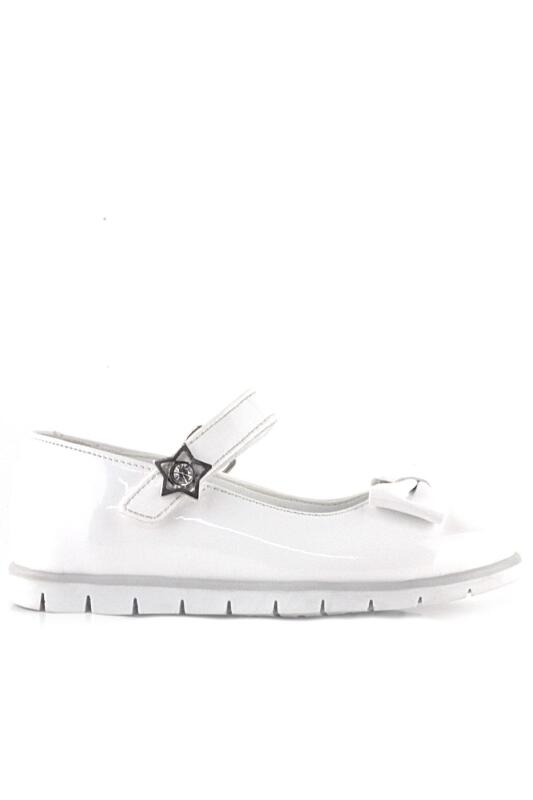 حذاء باليرينا للبنات من راكر بلاس، مصنوع من الجلد اللامع باللون الأبيض، ومزين بفيونكة ونجمة، وشريط فيلكرو - 2