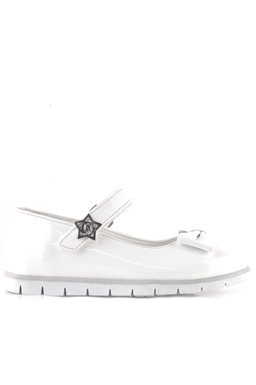 حذاء باليرينا للبنات من راكر بلاس، مصنوع من الجلد اللامع باللون الأبيض، ومزين بفيونكة ونجمة، وشريط فيلكرو - 2