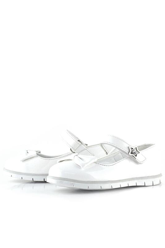 حذاء باليرينا للبنات من راكر بلاس، مصنوع من الجلد اللامع باللون الأبيض، ومزين بفيونكة ونجمة، وشريط فيلكرو - 4