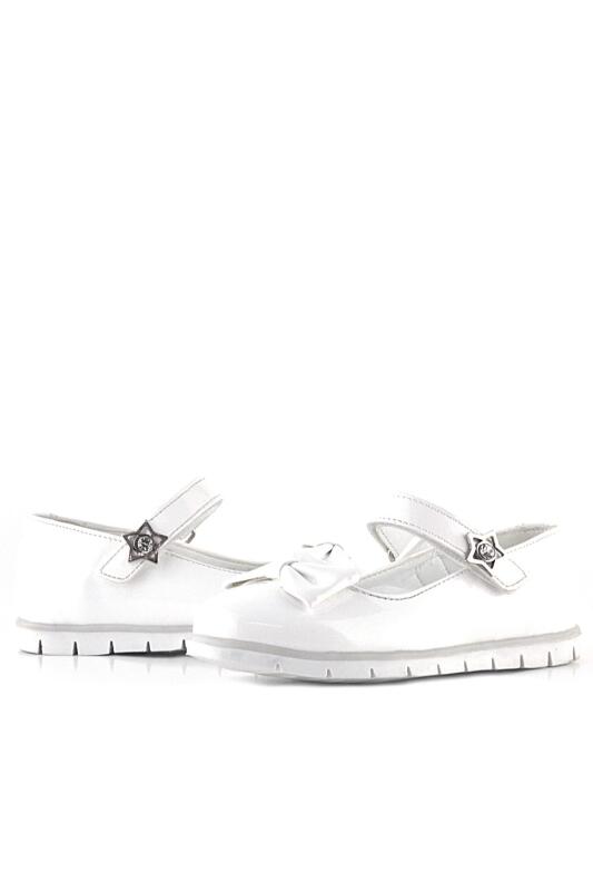 حذاء باليرينا للبنات من راكر بلاس، مصنوع من الجلد اللامع باللون الأبيض، ومزين بفيونكة ونجمة، وشريط فيلكرو - 5