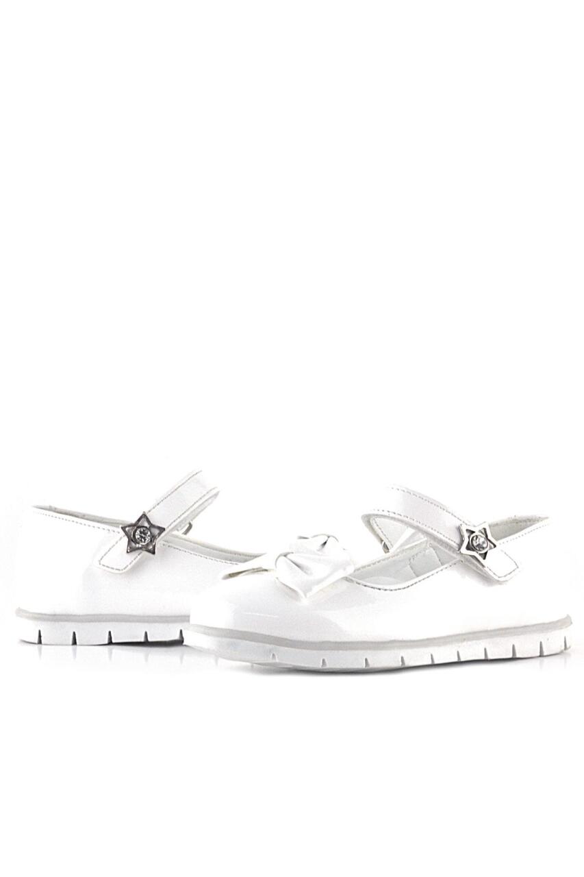 حذاء باليرينا للبنات من راكر بلاس، مصنوع من الجلد اللامع باللون الأبيض، ومزين بفيونكة ونجمة، وشريط فيلكرو - 5