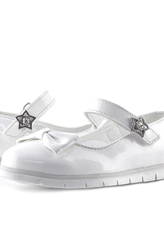 حذاء باليرينا للبنات من راكر بلاس، مصنوع من الجلد اللامع باللون الأبيض، ومزين بفيونكة ونجمة، وشريط فيلكرو - 6