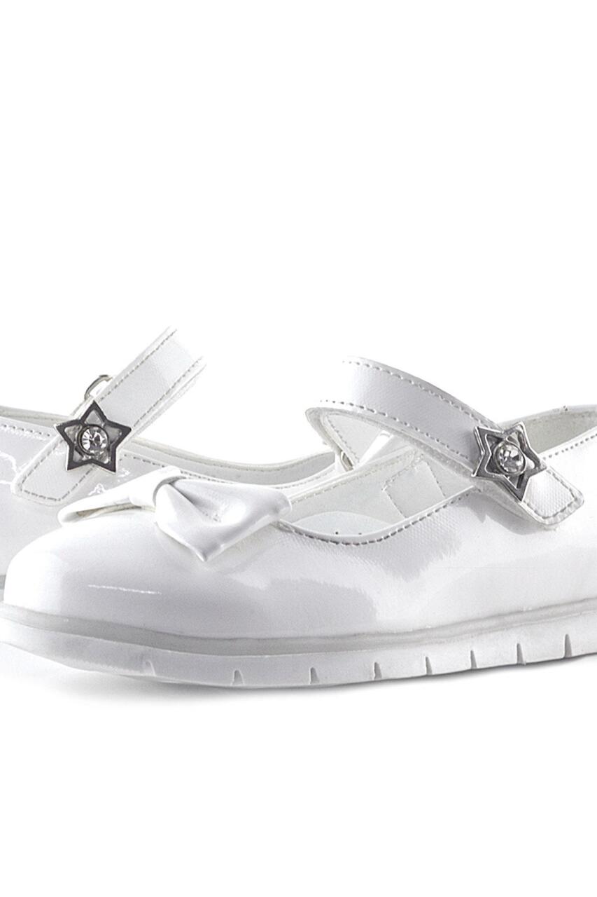 حذاء باليرينا للبنات من راكر بلاس، مصنوع من الجلد اللامع باللون الأبيض، ومزين بفيونكة ونجمة، وشريط فيلكرو - 6