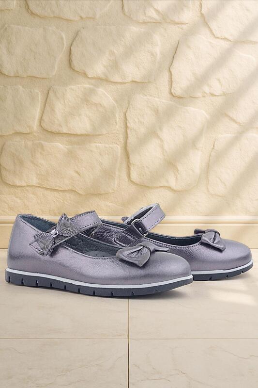 Rakerplus Genuine Leather Platinum Ribbon Detail Velcro Girls' Ballet Flats - Rakerplus