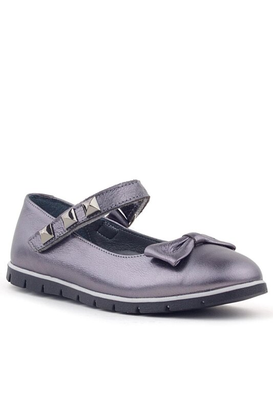 Rakerplus Genuine Leather Platinum Velcro Metal Detail Girls' Ballet Flats - Rakerplus