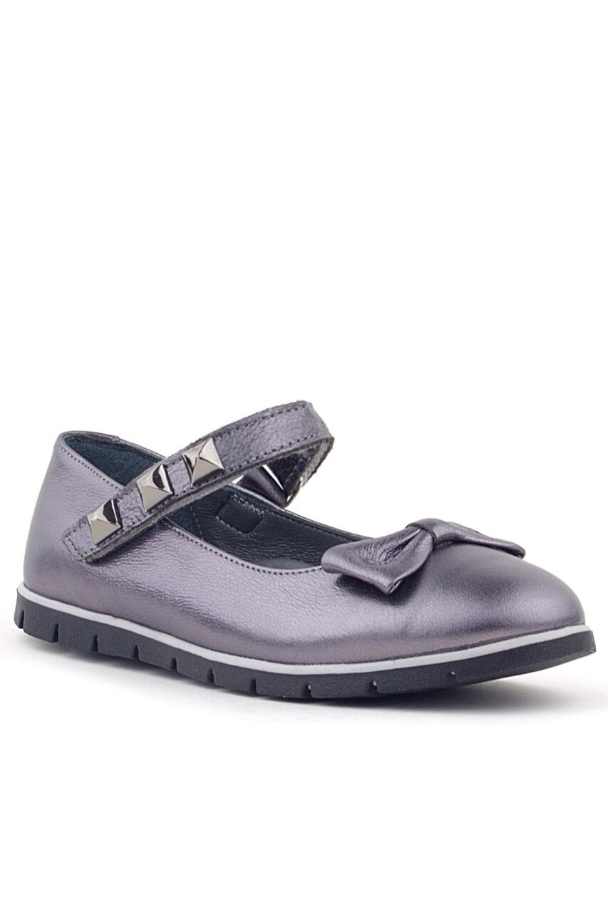 Rakerplus Hakiki Deri Platin Cırtlı Metal Detaylı Kız Çocuk Babet Ayakkabı - 1