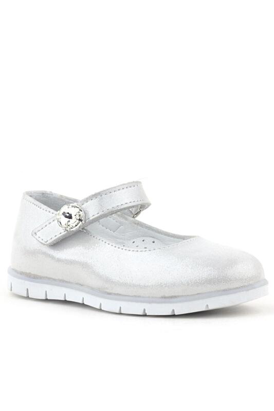 Rakerplus Genuine Leather Silver Velcro Closure Stone Detailed Girls' Ballet Flats - Rakerplus