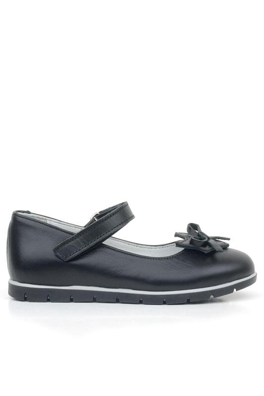 Rakerplus Genuine Leather Black Ribbon Detail Girls' Ballet Flats - Rakerplus