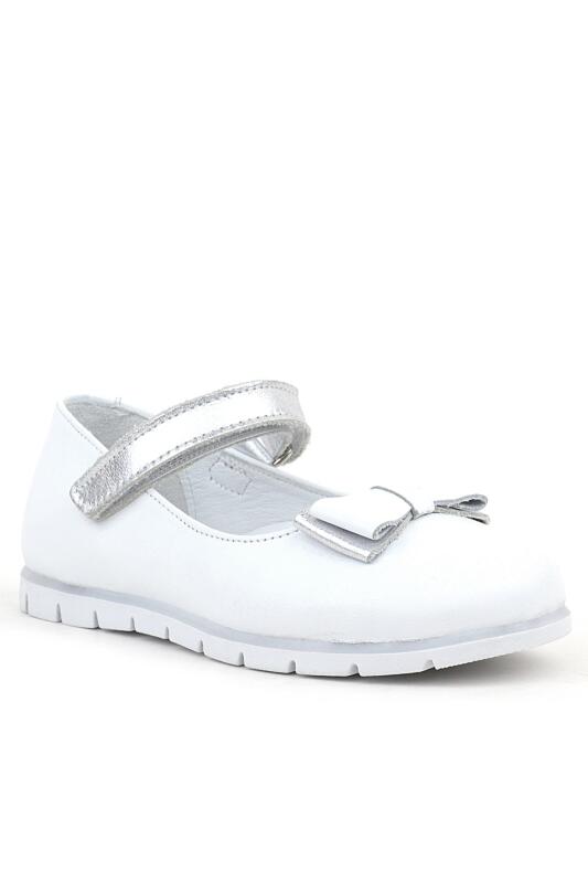Rakerplus Genuine Leather White Girls' Ballet Flats with Silver Bow and Velcro Closure - Rakerplus