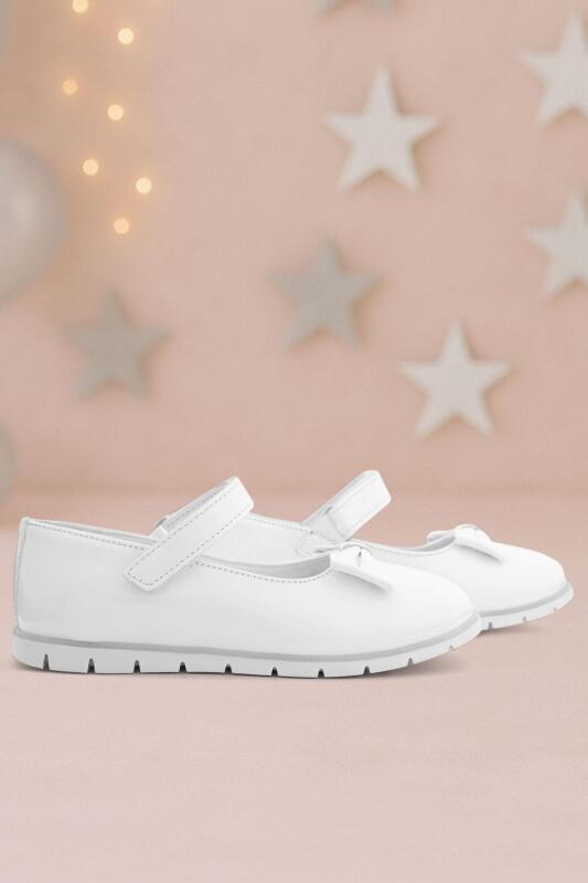 Rakerplus White Patent Leather Girls' Ballet Flats with Bow and Velcro Closure - Rakerplus
