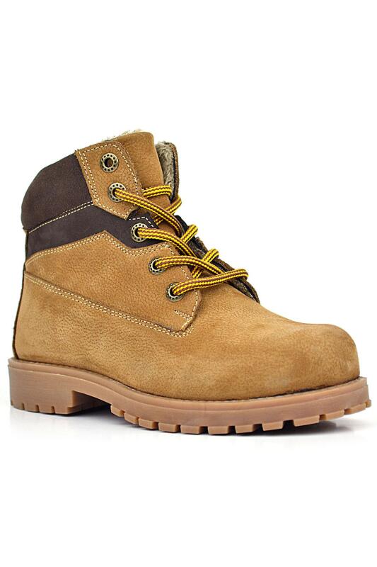 حذاء شتوي للأطفال من جلد طبيعي من راكر بلاس، بني فاتح، برباط وسحّاب - Rakerplus