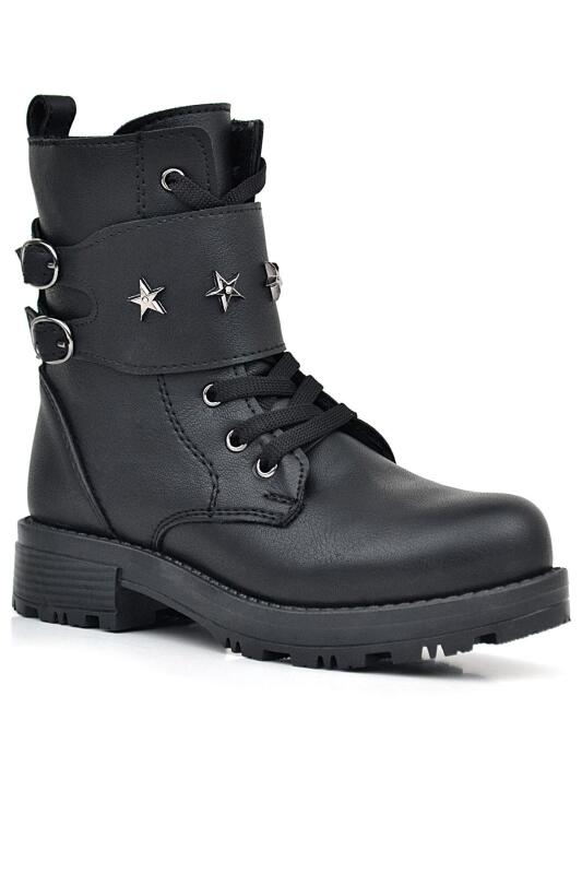 حذاء بناتي أسود من راكر بلاس برباط وسحاب وتفاصيل نجوم - Rakerplus